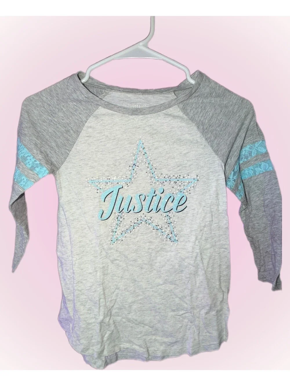 Girls Size 8 Gray & Light Blue Top / Shirt by Justice | Lace Stripes